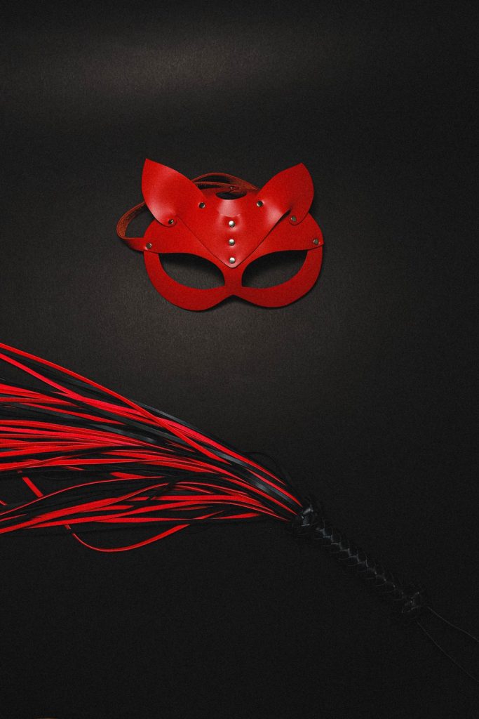 Mặt nạ và roi tua màu đỏ, dụng cụ BDSM cho người mới